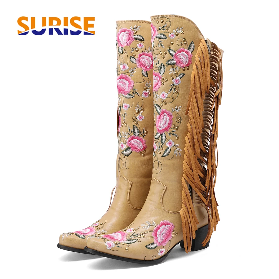 The Ethnic Fashion - Mode broderie fleur Western genou bottes